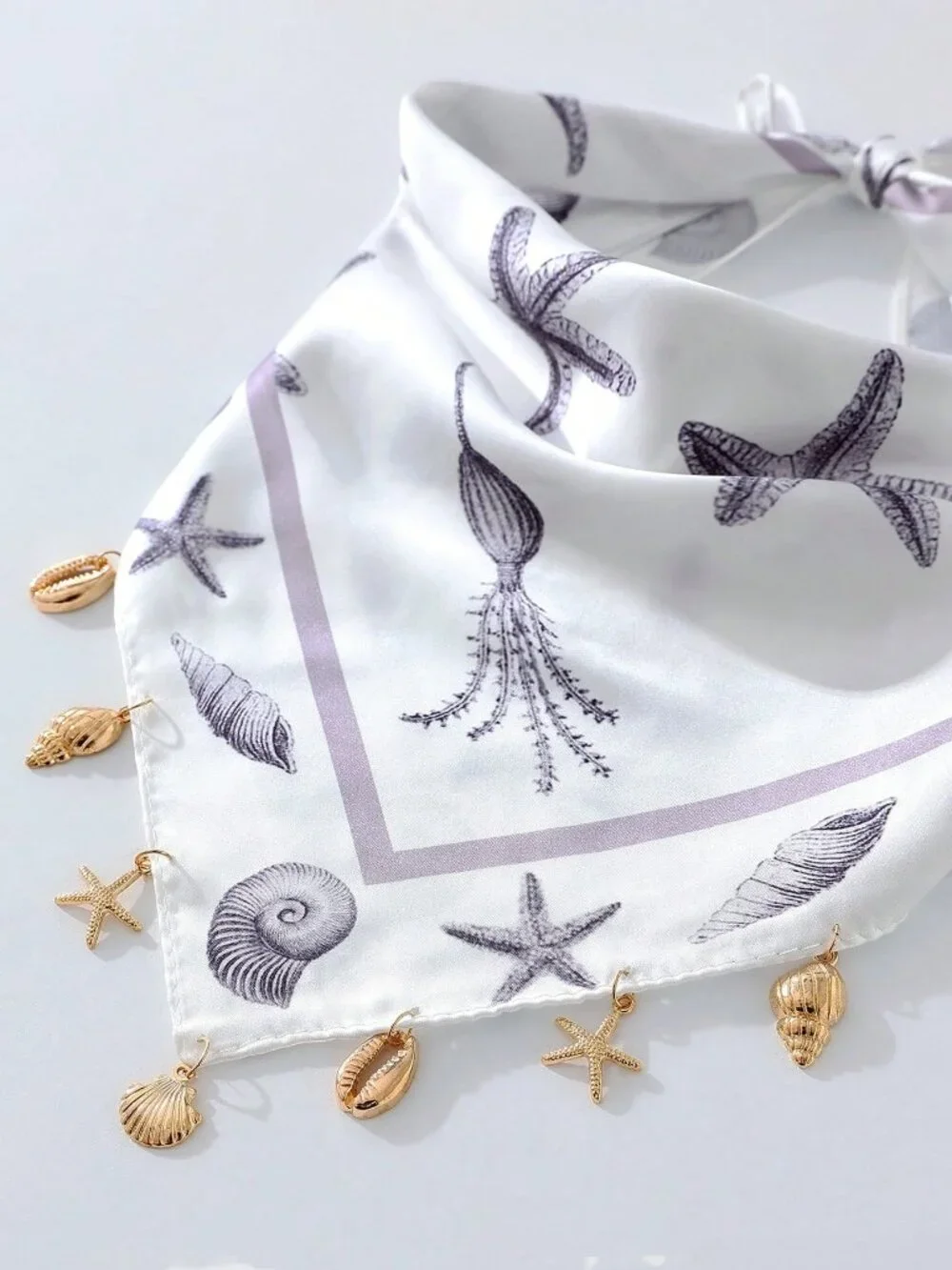 🤍 Ocean Starfish Seashell Charm Bandana Headscarf 🐚⭐ Coastal Scarf